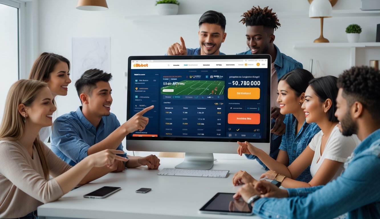Sekelompok orang muda berkumpul di depan layar komputer yang menampilkan antarmuka taruhan sepak bola online, terlihat fokus dan berdiskusi bersama dalam suasana ruangan modern.