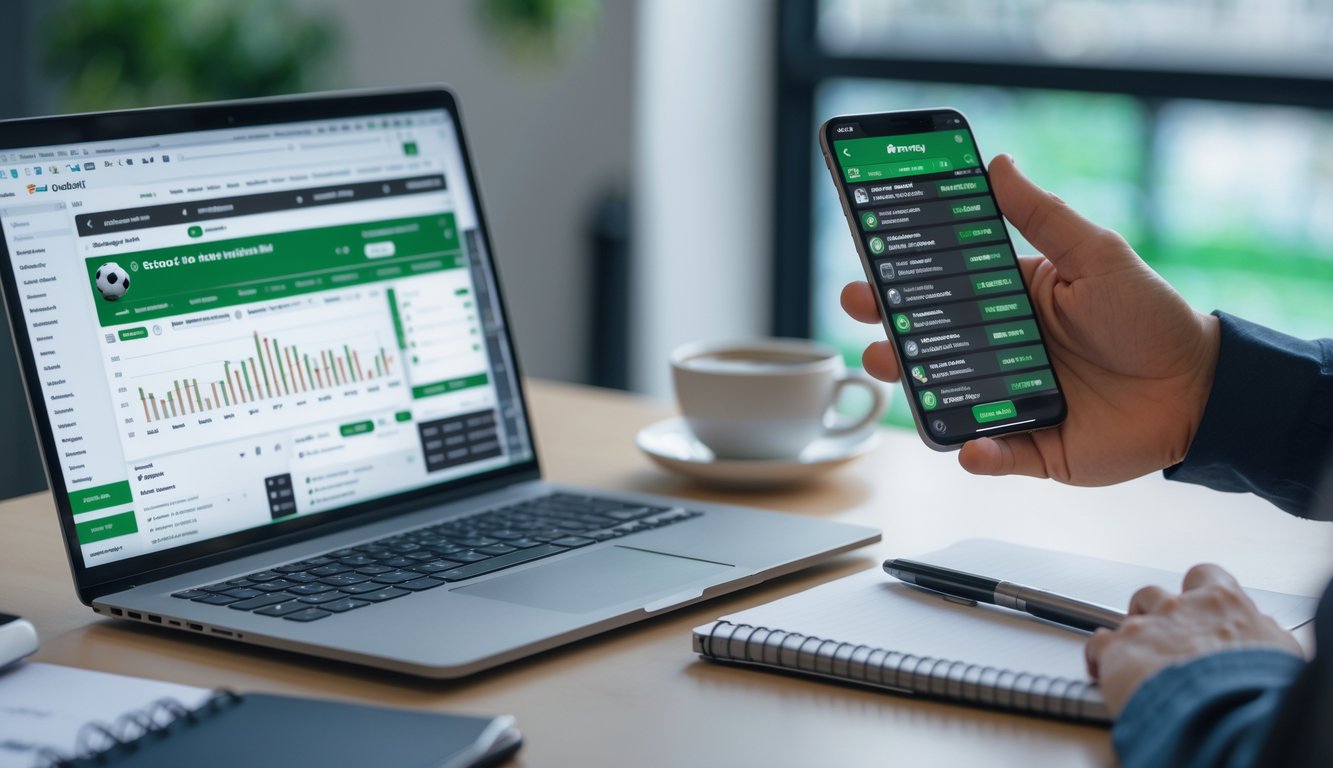 Seorang pria duduk di depan laptop dan memegang ponsel dengan tampilan aplikasi taruhan sepak bola, di meja terdapat kopi dan buku catatan.