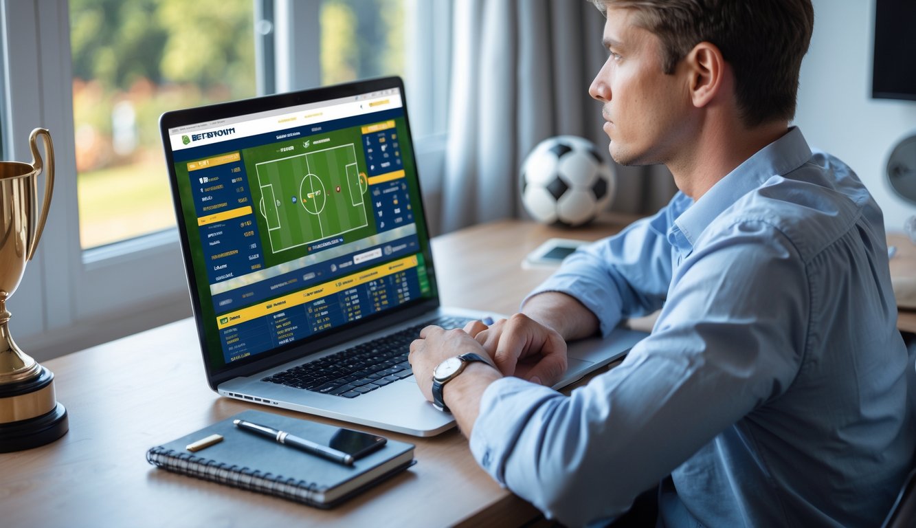 Seseorang duduk di meja kerja dengan laptop yang menampilkan situs taruhan bola, di ruang kerja rumah yang terang dengan cahaya alami.