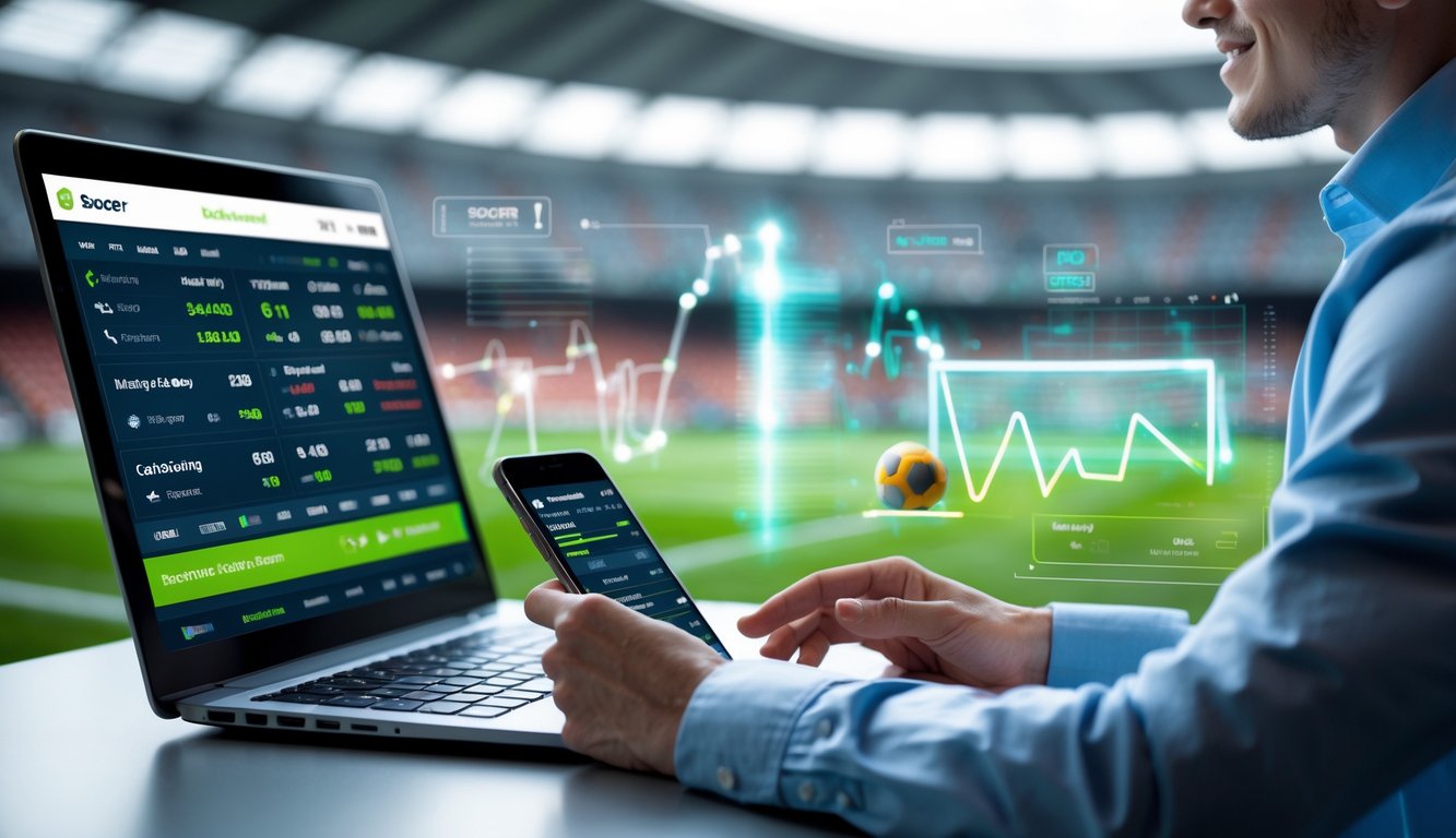 Seorang pria muda menggunakan laptop dan ponsel untuk memasang taruhan sepak bola online dengan latar belakang stadion sepak bola.