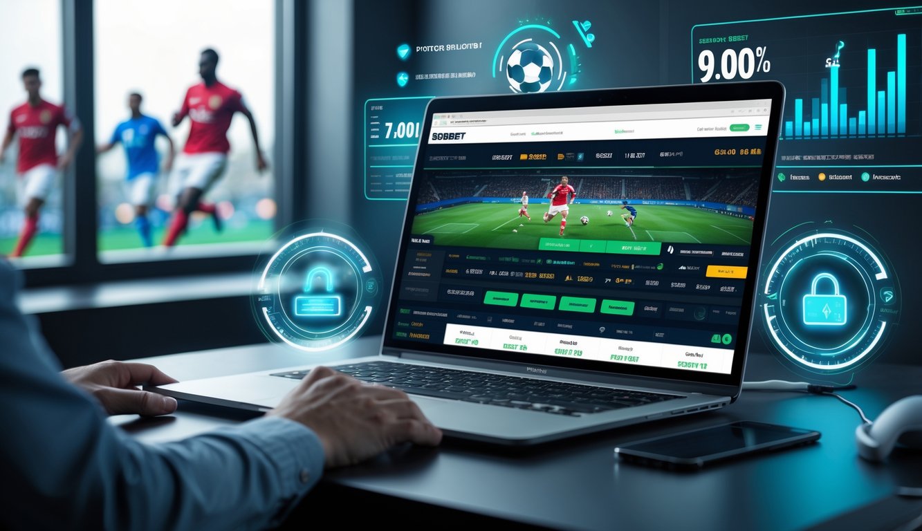 Seorang pria menggunakan laptop dengan tampilan antarmuka taruhan sepak bola online, dikelilingi oleh simbol keamanan dan kecepatan, dengan latar belakang pemain sepak bola dan grafik digital.