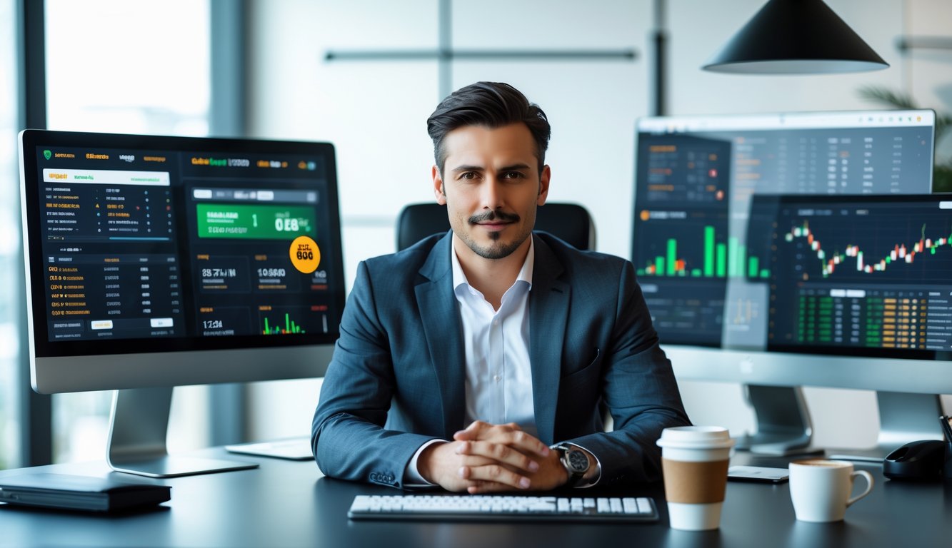 Seorang pria bisnis duduk di meja kerja dengan beberapa layar komputer menampilkan data taruhan olahraga online dan statistik pertandingan sepak bola.