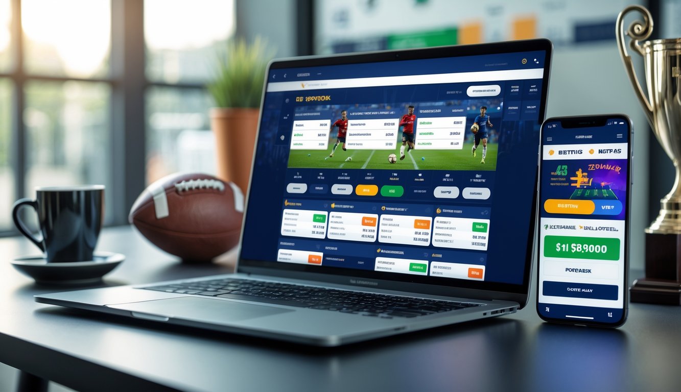 Seorang pria menggunakan laptop dan ponsel untuk memasang taruhan bola di lingkungan kantor yang nyaman dengan perlengkapan olahraga di sekitar.