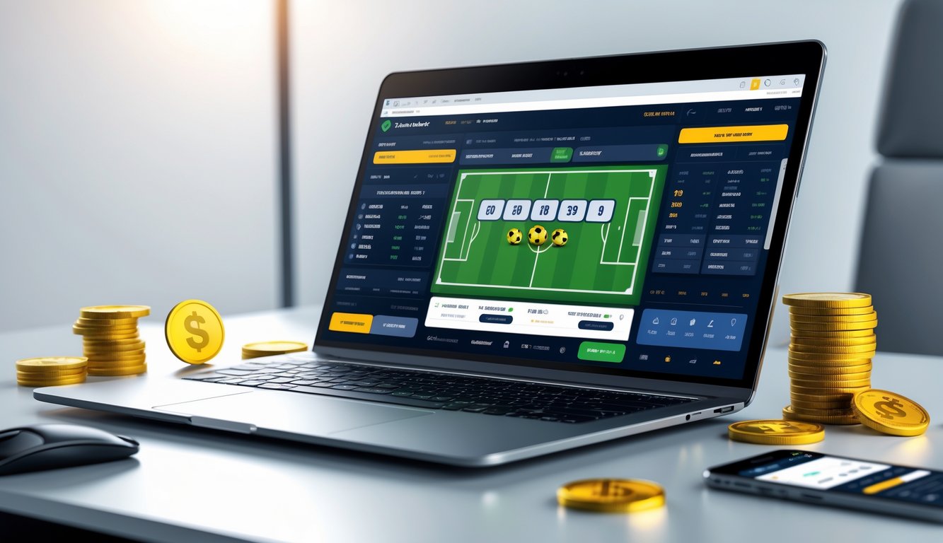Seorang pria menggunakan laptop dengan tampilan situs taruhan sepak bola online di layar, dikelilingi oleh ikon bonus dan perangkat digital.