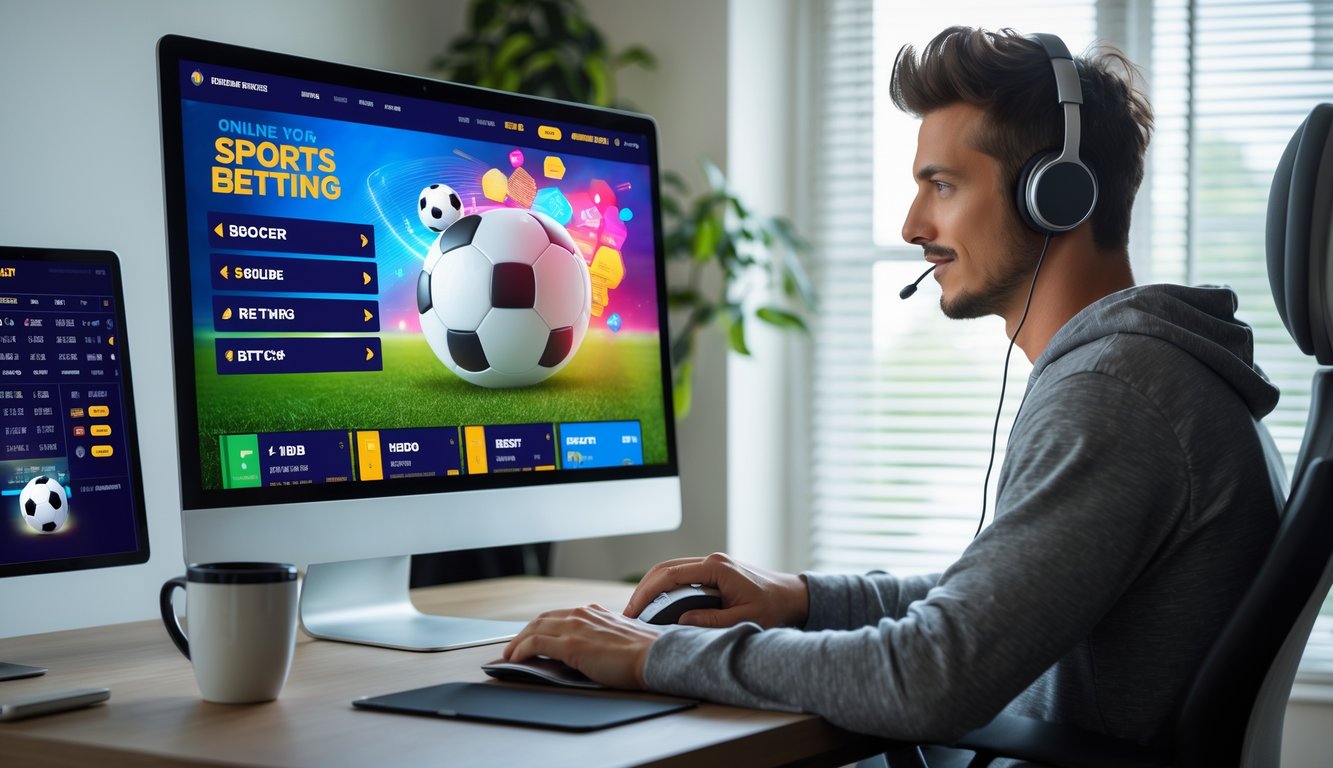 Seorang pria muda duduk di meja dengan komputer yang menampilkan platform taruhan bola online, tampak fokus dan santai di ruang kerja modern.