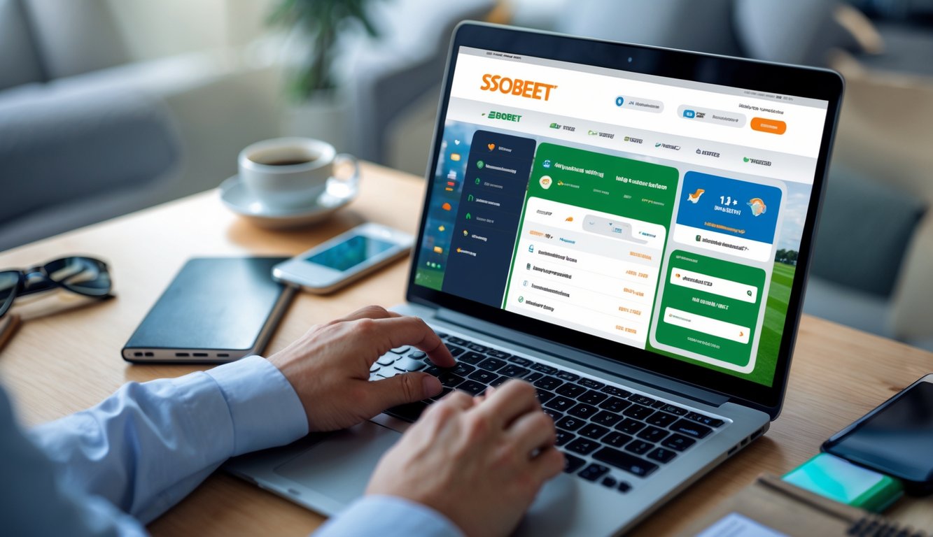 Seorang pengguna sedang mendaftar dan bermain di platform bandar bola online Sbobet menggunakan laptop di meja kerja.