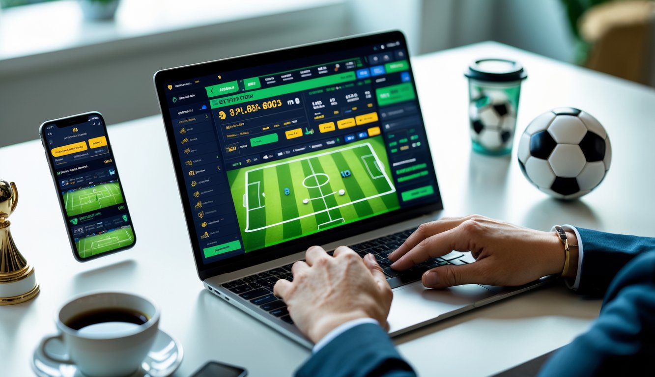 Seseorang menggunakan laptop dengan tampilan antarmuka taruhan sepak bola online, di meja terdapat smartphone, bola sepak, dan cangkir kopi.