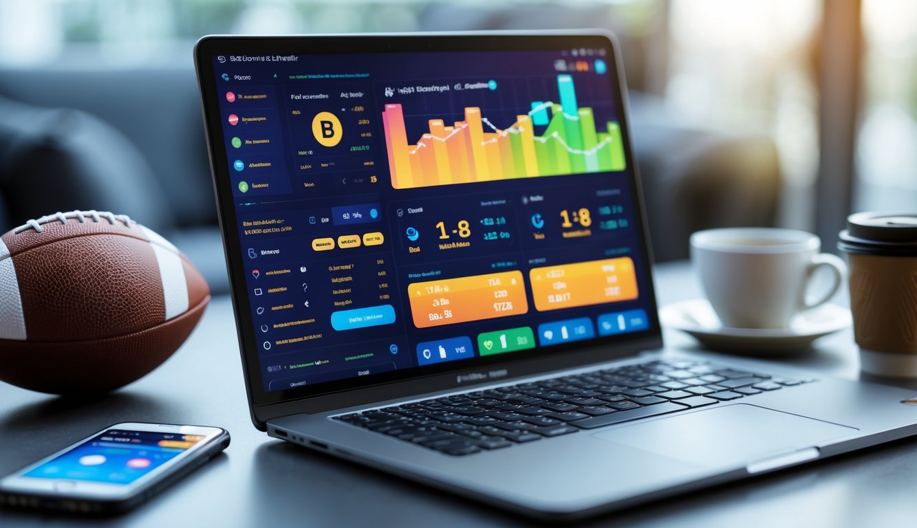 Seorang pria menggunakan laptop dengan tampilan platform taruhan bola online, di meja terdapat bola sepak dan ponsel, suasana ruangan modern dengan pencahayaan alami.