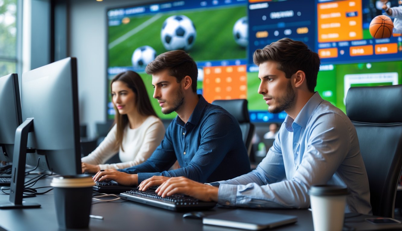 Dua orang sedang fokus menggunakan komputer dengan tampilan pertandingan olahraga dan statistik taruhan di layar di sebuah kantor modern.