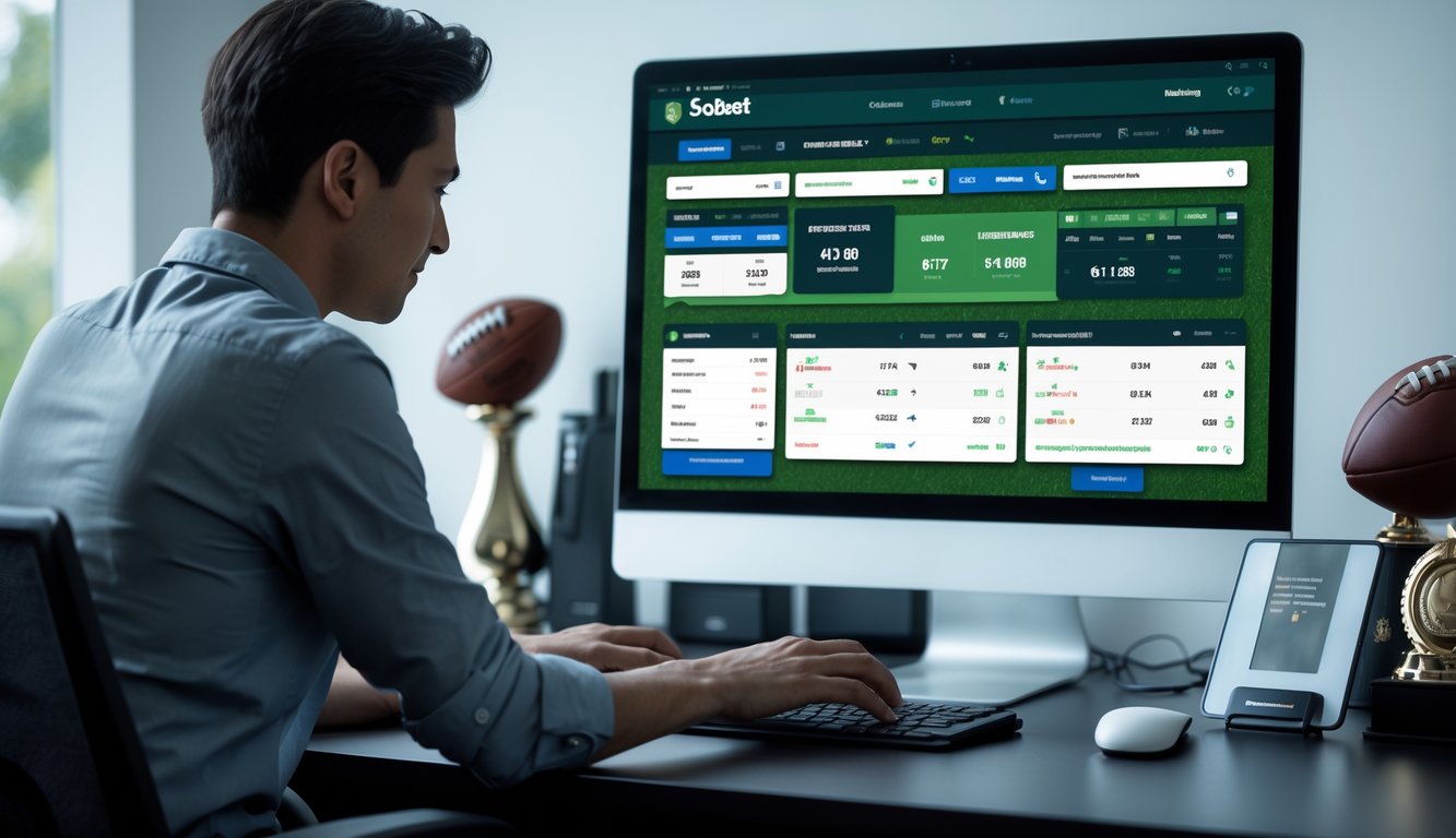 Seseorang sedang menggunakan komputer di meja kerja dengan tampilan situs taruhan olahraga online, dikelilingi oleh perlengkapan olahraga dan suasana yang rapi.