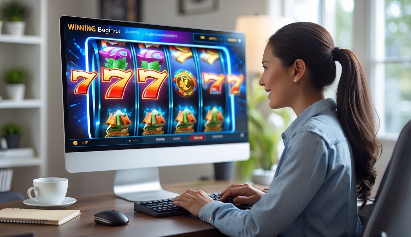 Seorang pemain muda menggunakan komputer di meja kerja dengan tampilan permainan slot online yang cerah dan menarik.