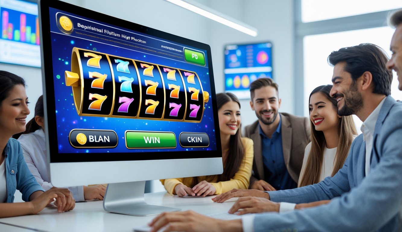 Beberapa orang muda sedang melihat layar komputer yang menampilkan permainan slot online di sebuah kantor yang terang dan rapi.