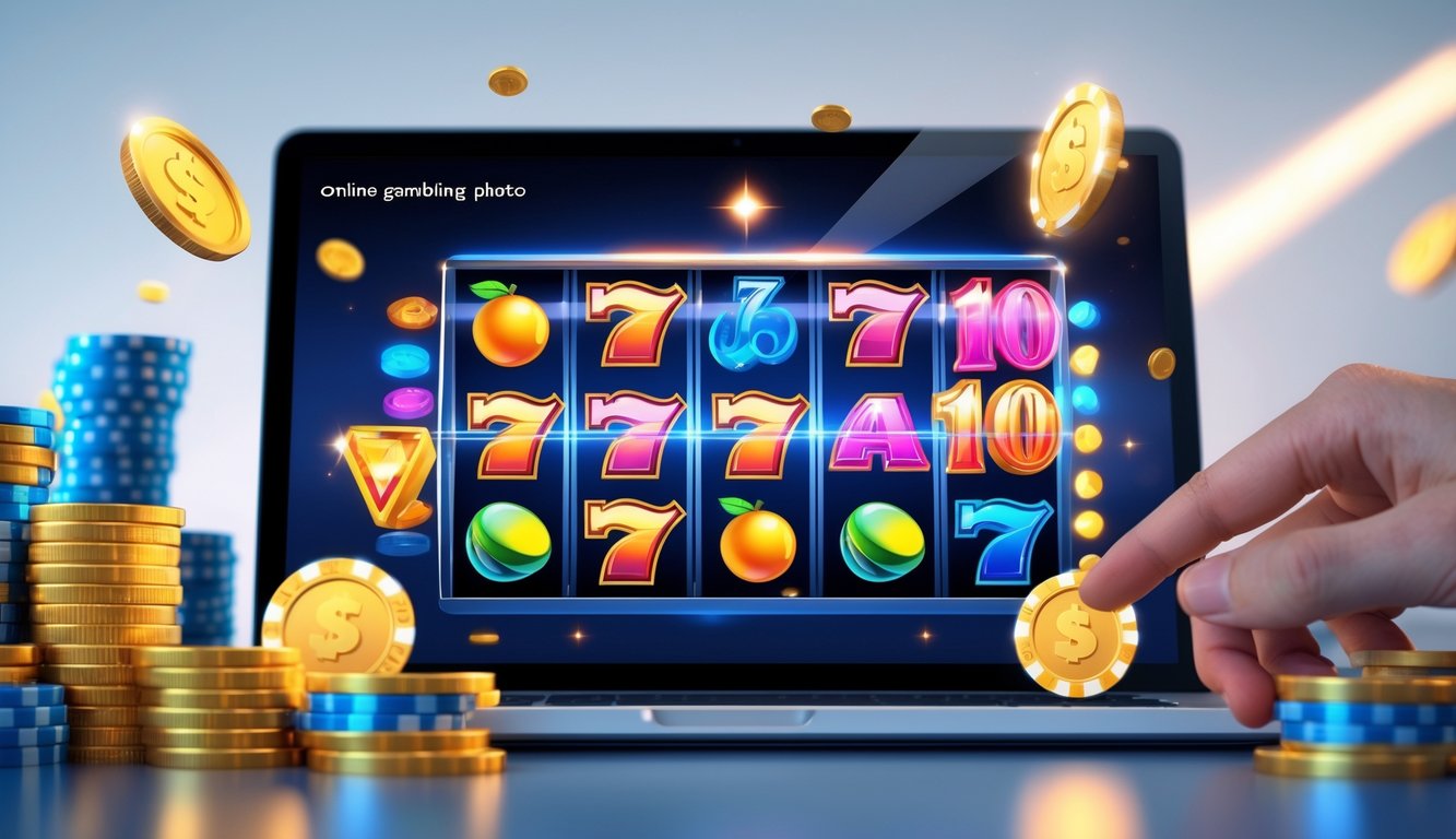 Seorang pemain menggunakan perangkat digital yang menampilkan permainan slot online dengan simbol warna-warni dan koin yang bersinar di sekitarnya.