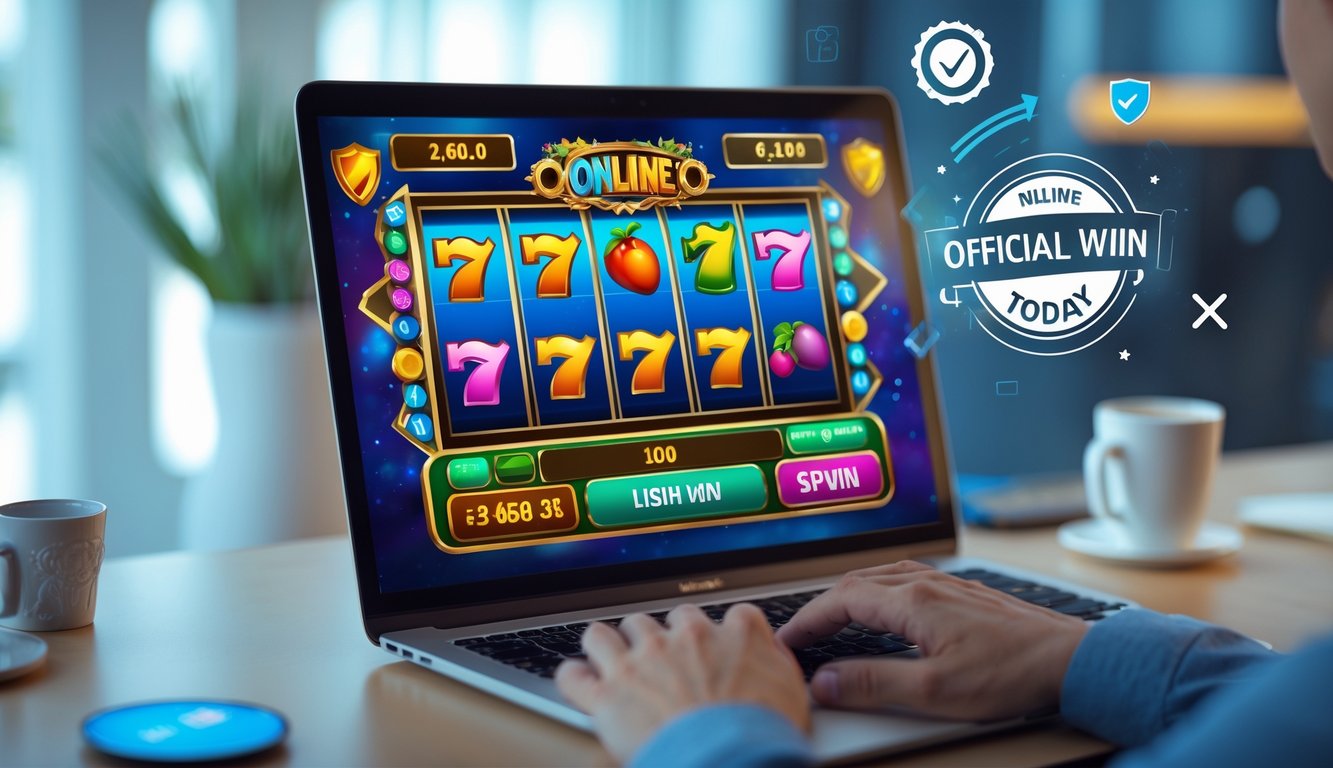 Seseorang menggunakan komputer dengan layar menampilkan permainan mesin slot online yang berwarna-warni dan menarik.