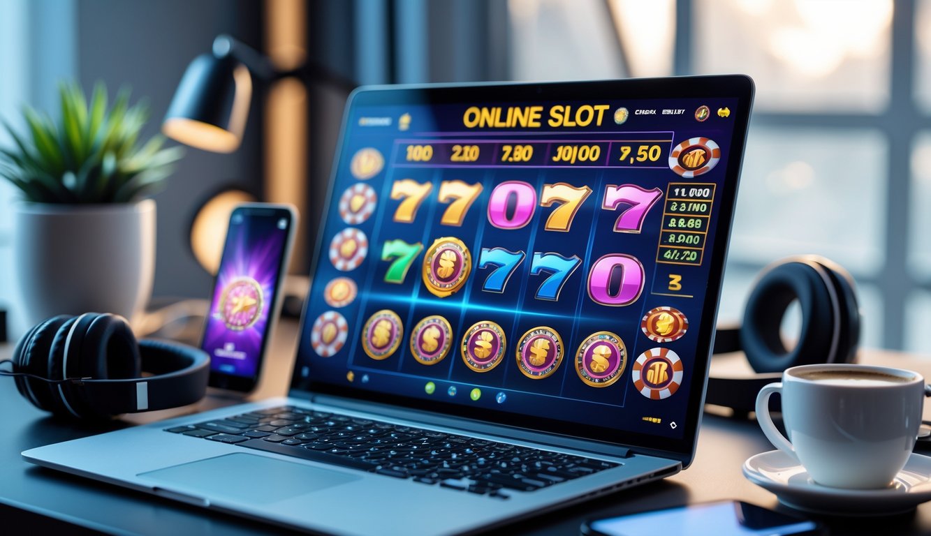 Seorang pengguna sedang bermain mesin slot online di laptop di meja kerja dengan aksesori gaming dan suasana nyaman.
