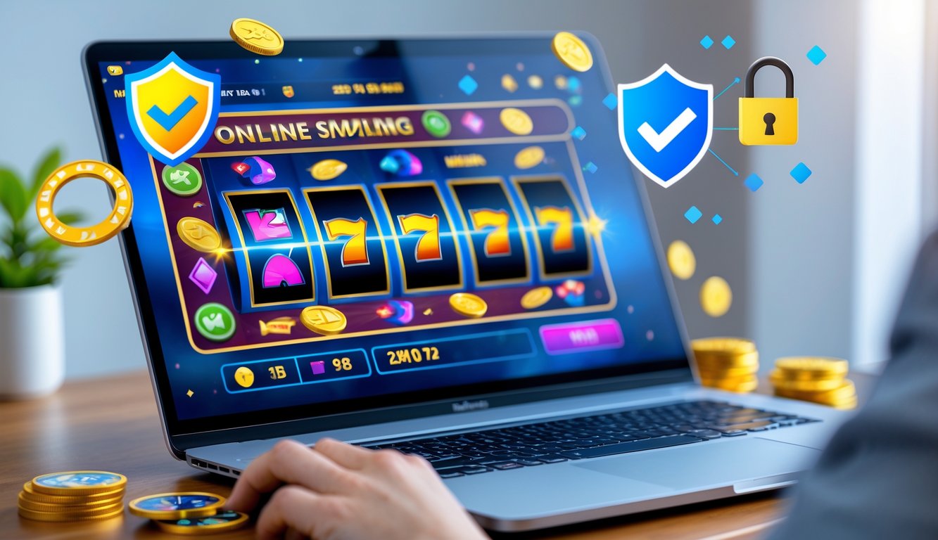 Seorang pengguna sedang bermain permainan slot online di komputer dengan simbol keamanan dan suasana nyaman di sekitar.