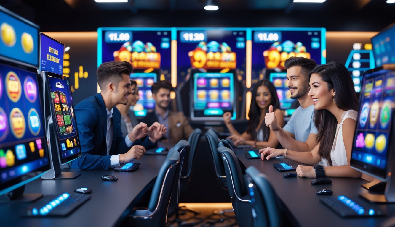 Sejumlah orang muda sedang bermain mesin slot online di ruang kerja modern dengan layar komputer yang menampilkan grafik permainan slot.