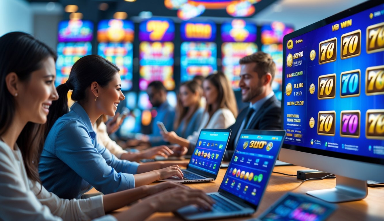 Beberapa orang menggunakan laptop dan ponsel untuk bermain permainan slot online di ruangan yang terang dan modern.