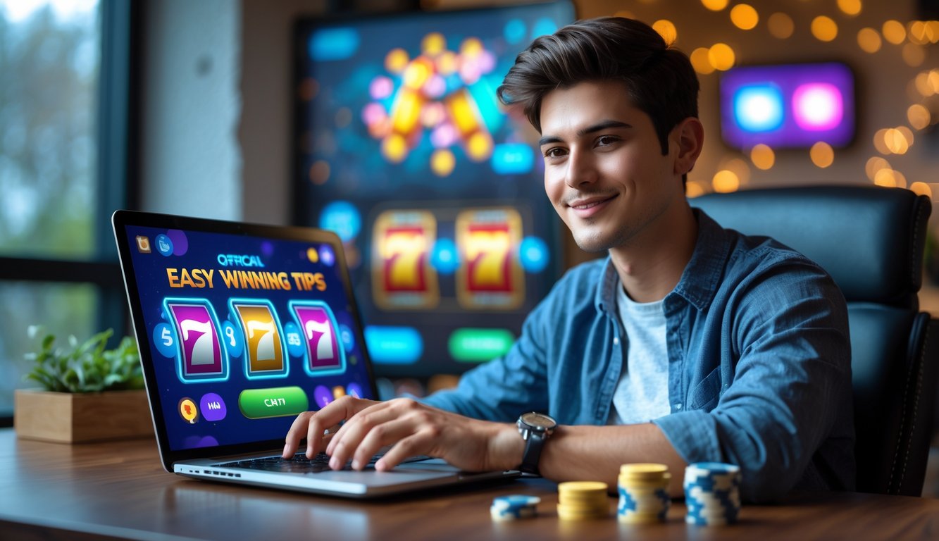 Seorang pria muda duduk di depan laptop dengan tampilan permainan slot online di layar, di meja terdapat beberapa koin dan chip taruhan kecil.