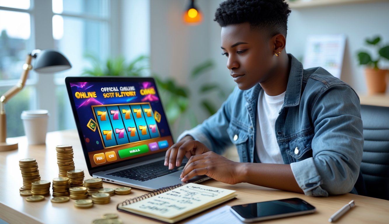 Seorang dewasa muda fokus menggunakan laptop dengan permainan slot online di layar, dikelilingi tumpukan koin dan buku catatan di meja kerja yang rapi.