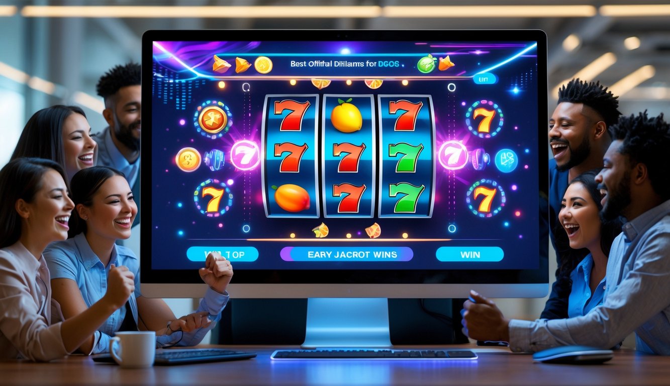 Orang-orang muda yang bahagia merayakan kemenangan besar di depan layar komputer yang menampilkan permainan slot online dengan simbol warna-warni.