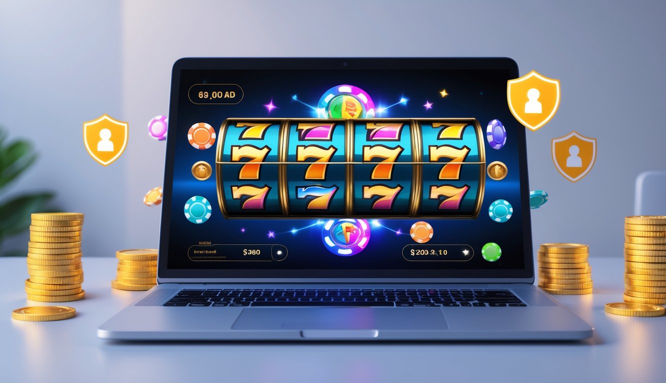 Seorang pengguna sedang bermain mesin slot online di komputer dengan tampilan grafis warna-warni dan simbol jackpot, di lingkungan yang bersih dan modern.