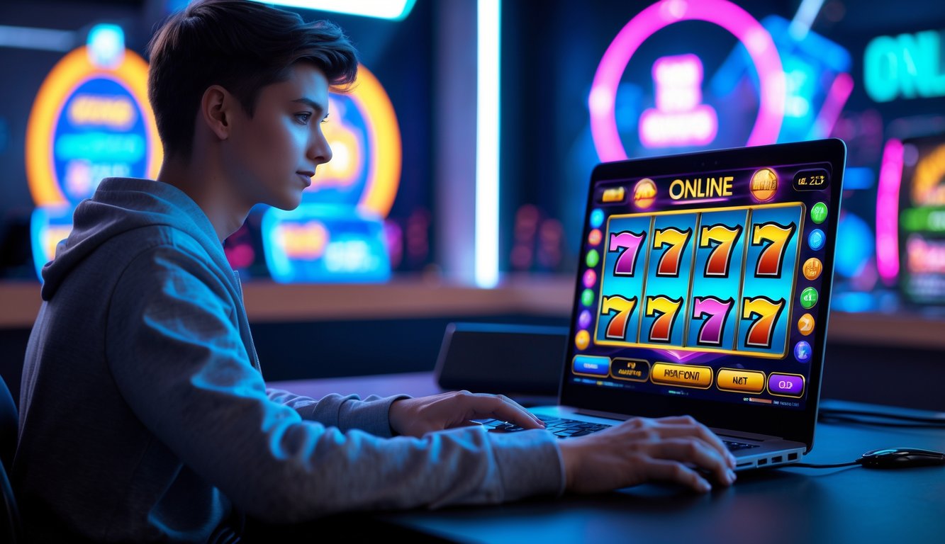 Seorang dewasa muda duduk di meja dengan laptop yang menampilkan permainan slot online, terlihat fokus dan percaya diri.