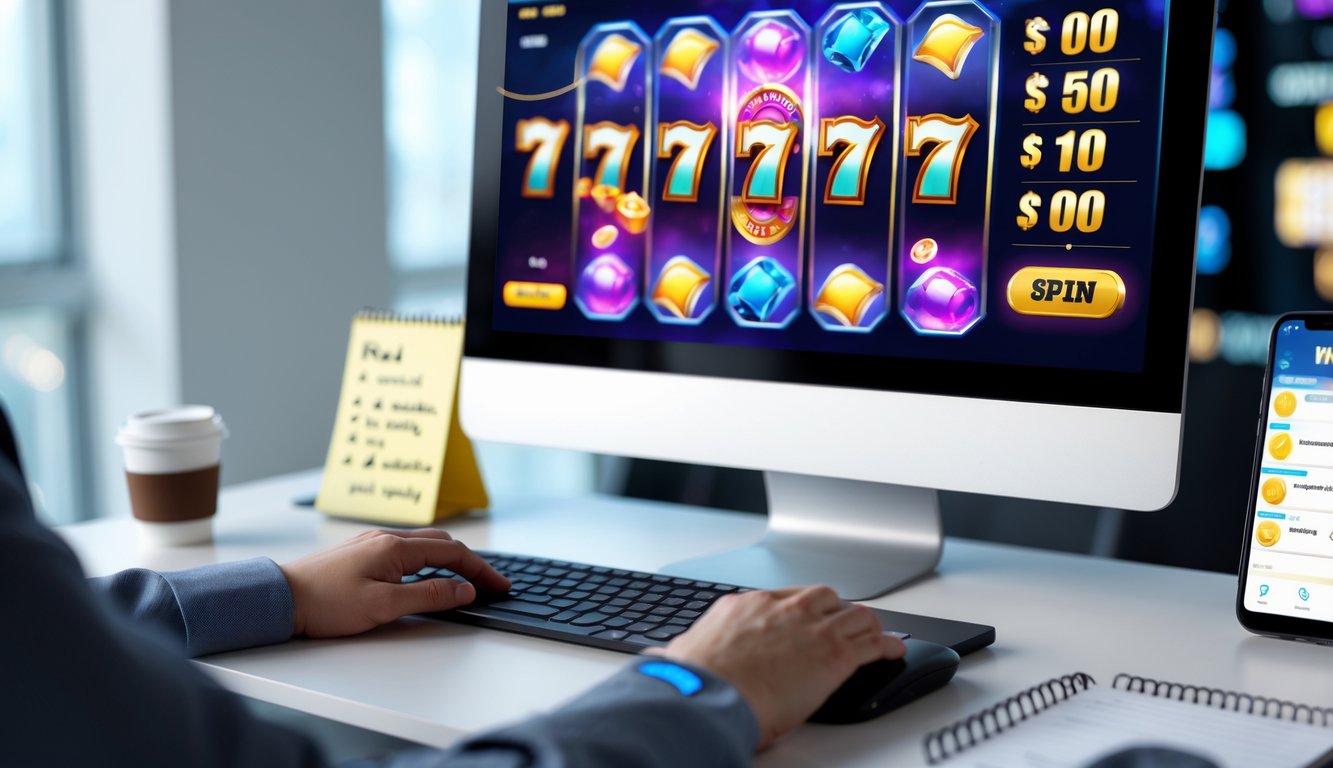 Seseorang bermain permainan slot online di komputer dengan layar menampilkan grafik permainan berwarna-warni di sebuah meja kerja yang rapi.