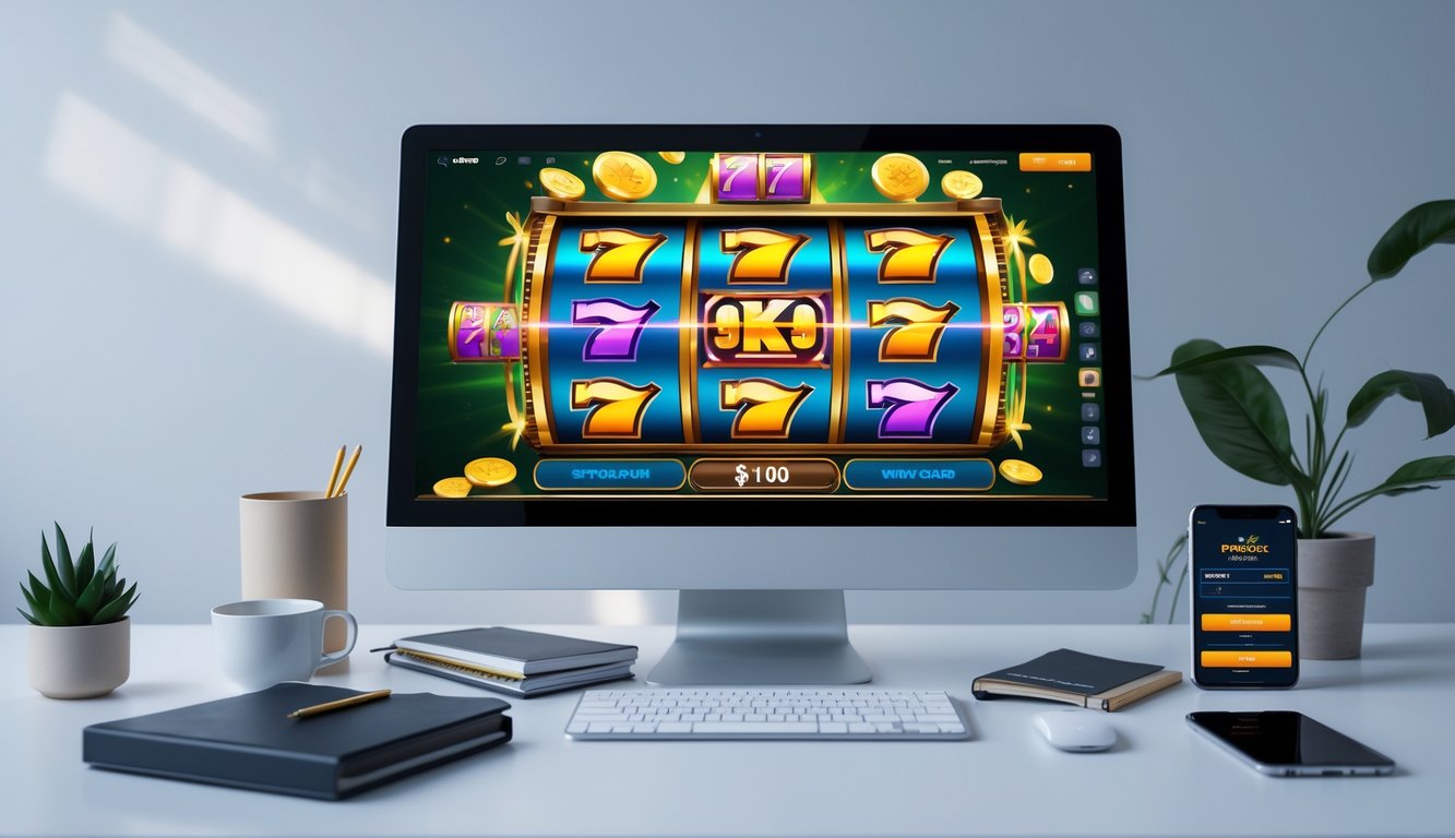 Sebuah meja kerja modern dengan komputer yang menampilkan permainan slot online, dilengkapi dengan catatan dan ponsel di sekitarnya.