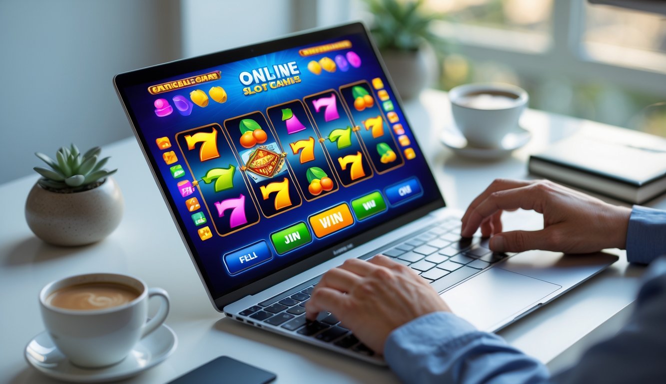 Seseorang menggunakan komputer dengan tampilan permainan slot online berwarna-warni di layar dalam suasana kerja yang nyaman.