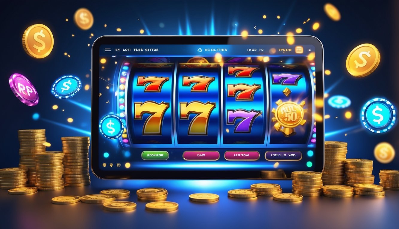 Sebuah perangkat modern menampilkan layar permainan slot online dengan simbol warna-warni dan tumpukan koin di sekitarnya.