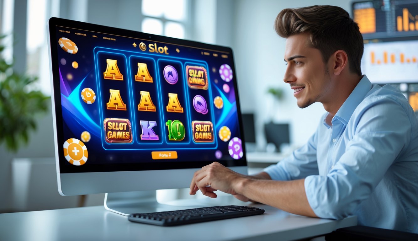Seseorang sedang menggunakan komputer dengan tampilan permainan slot online berwarna-warni di layar di sebuah kantor modern.