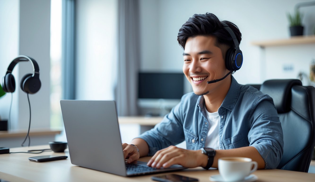 Seorang pria muda Asia duduk di meja kerja modern sambil bermain permainan slot online di laptop dengan ekspresi fokus dan senang.