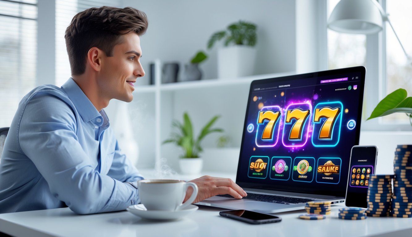 Seorang pria muda duduk di meja dengan laptop menampilkan permainan slot online, dikelilingi chip poker dan ponsel, menunjukkan suasana fokus dan semangat menang.