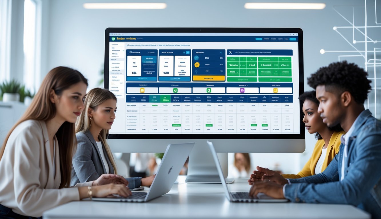 Orang-orang sedang menggunakan platform togel online di sebuah kantor modern dengan komputer dan perangkat digital.