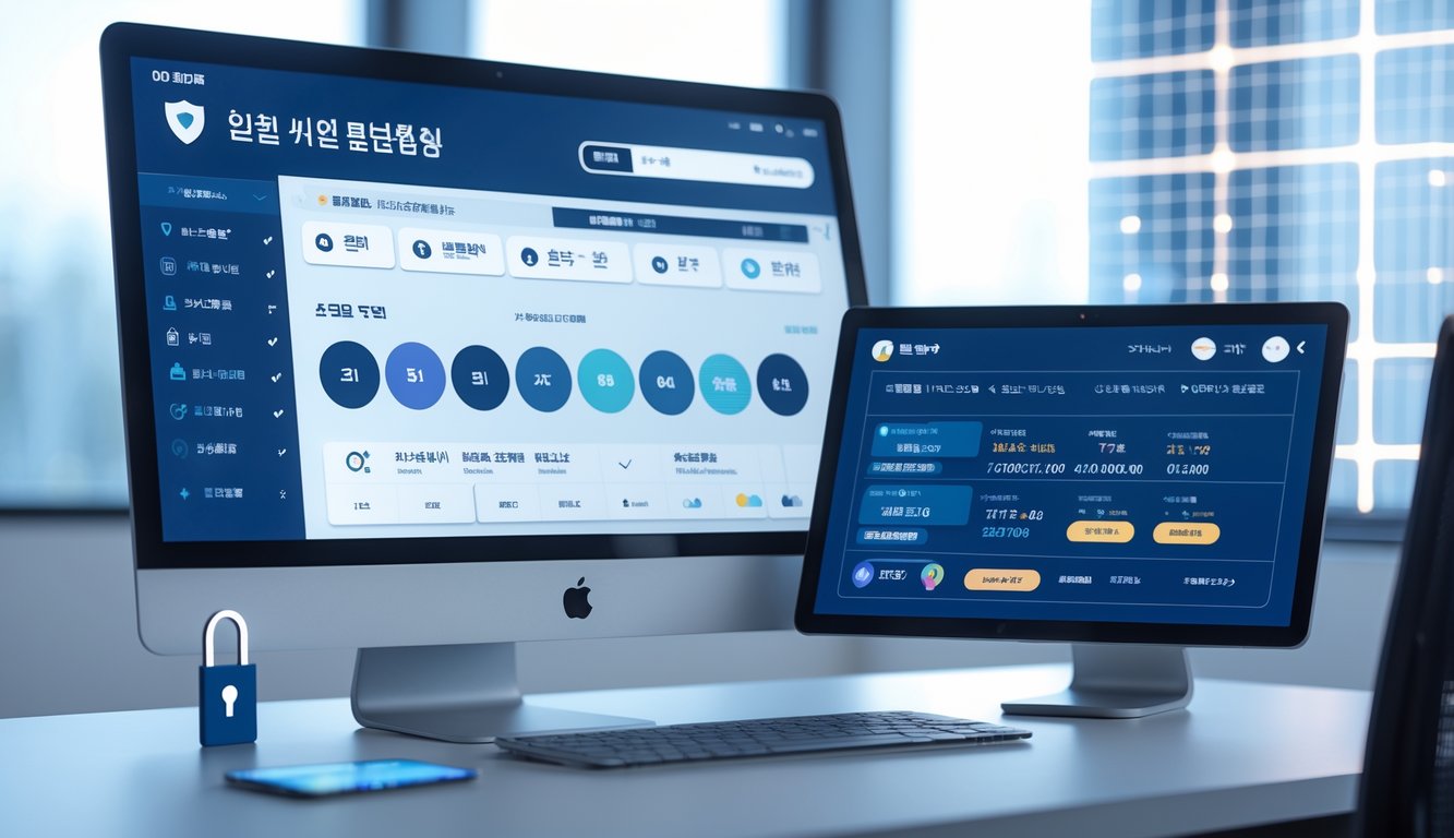 Sebuah meja kerja dengan komputer dan ponsel menampilkan antarmuka platform togel online yang modern dan terpercaya, dikelilingi simbol keamanan di lingkungan kantor yang terang.