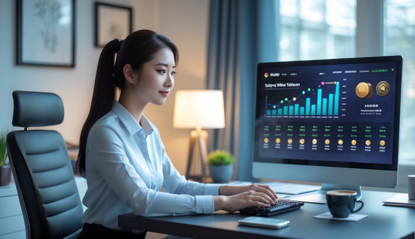 Seorang wanita muda duduk di meja kerja dengan komputer yang menampilkan data platform online, di ruangan kantor rumah yang terang dan rapi.