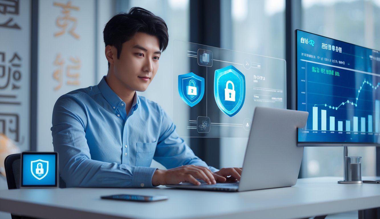 Seorang pria muda Asia menggunakan laptop di ruang kantor modern dengan elemen keamanan digital dan motif Korea di latar belakang.