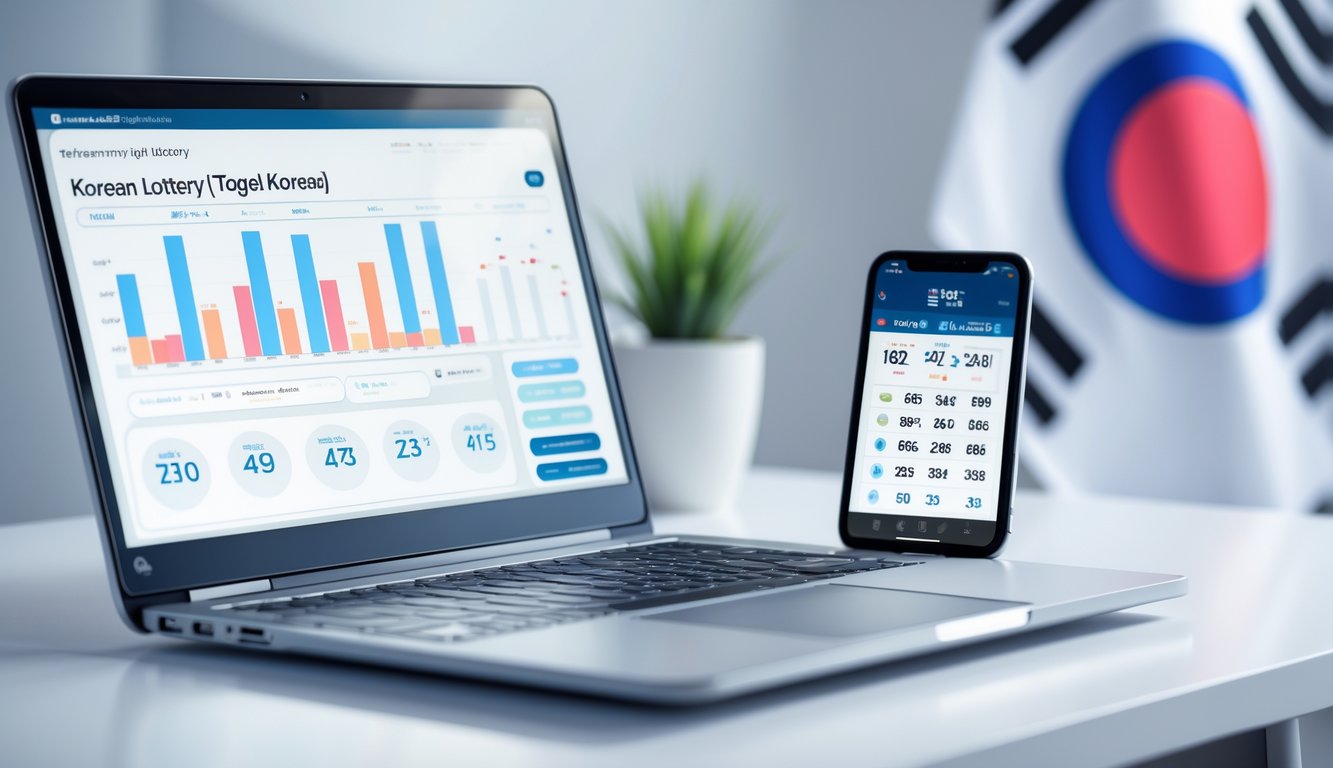 Seorang pengguna melihat laptop dan ponsel yang menampilkan hasil togel Korea secara akurat di meja kerja.