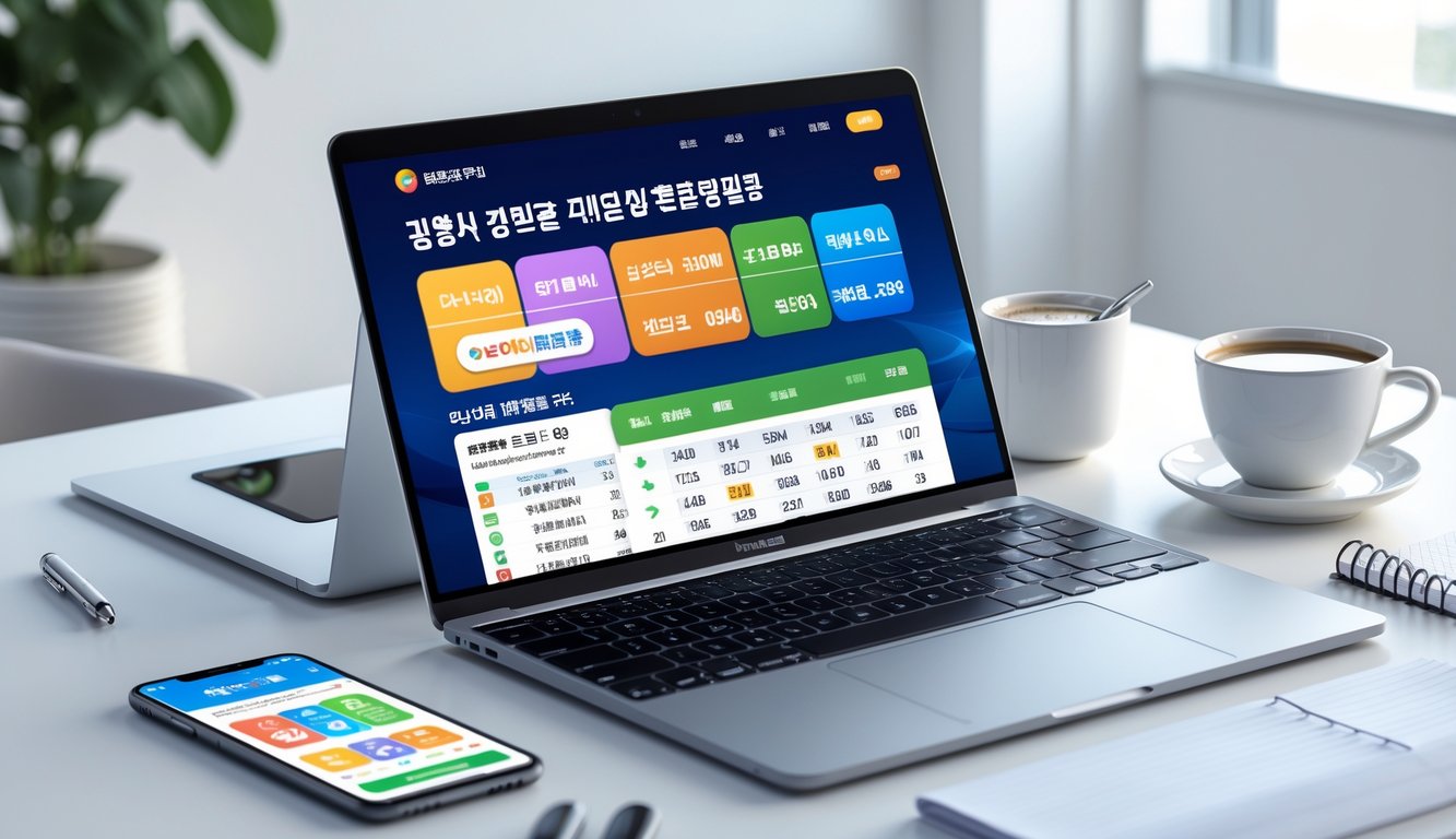 Meja kerja modern dengan laptop yang menampilkan situs lotere online Korea dan perangkat pendukung di sekitarnya.
