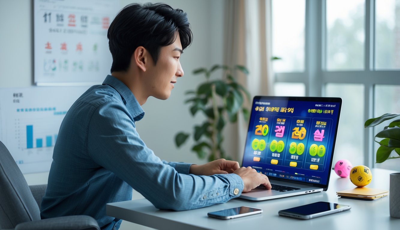 Seorang pria muda duduk di depan laptop di meja modern, fokus menggunakan platform togel online Korea dengan elemen digital di sekitarnya.