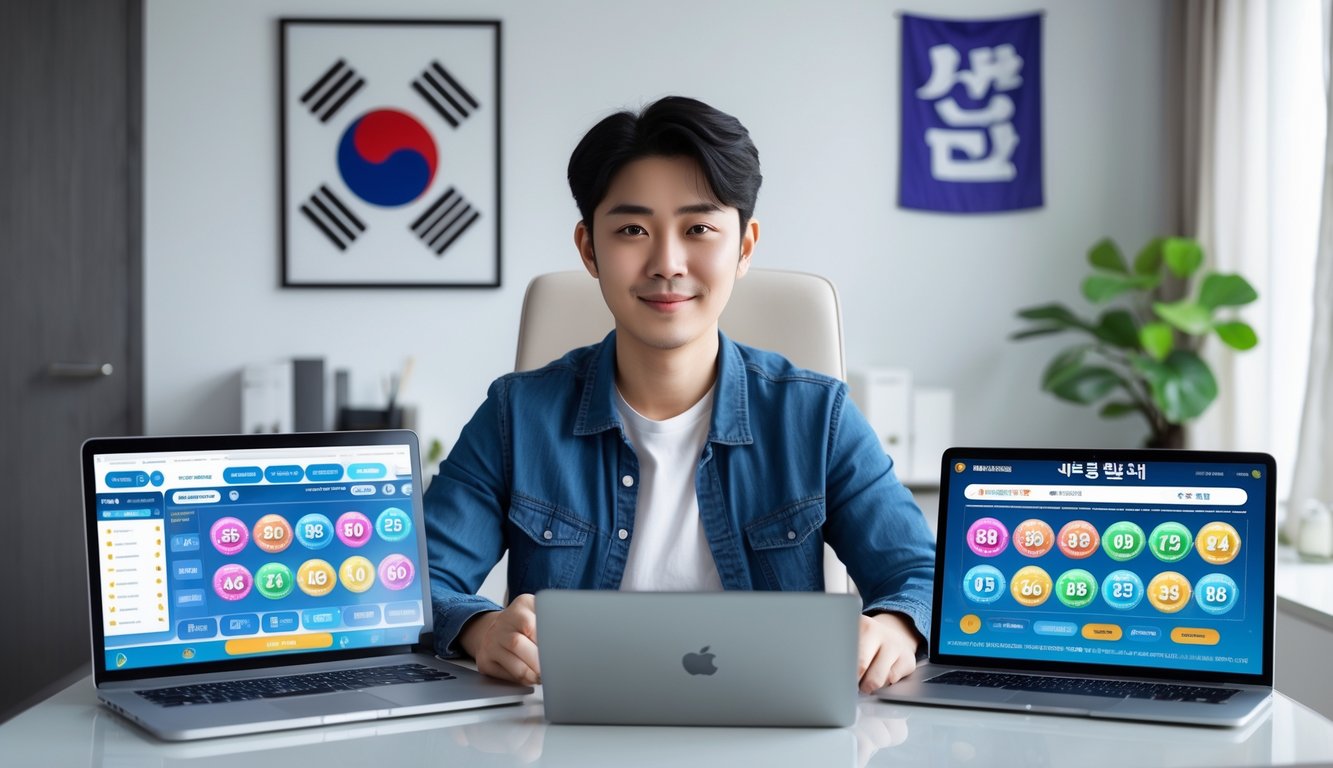 Seorang dewasa muda duduk di meja kerja dengan laptop dan ponsel yang menampilkan antarmuka permainan togel online, dengan latar belakang dekorasi yang mencerminkan budaya Korea.