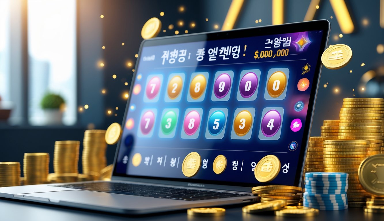 Sebuah meja dengan laptop yang menampilkan antarmuka lotere online berwarna-warni, dikelilingi oleh koin emas dan chip, dengan latar belakang yang elegan dan motif Korea yang samar.