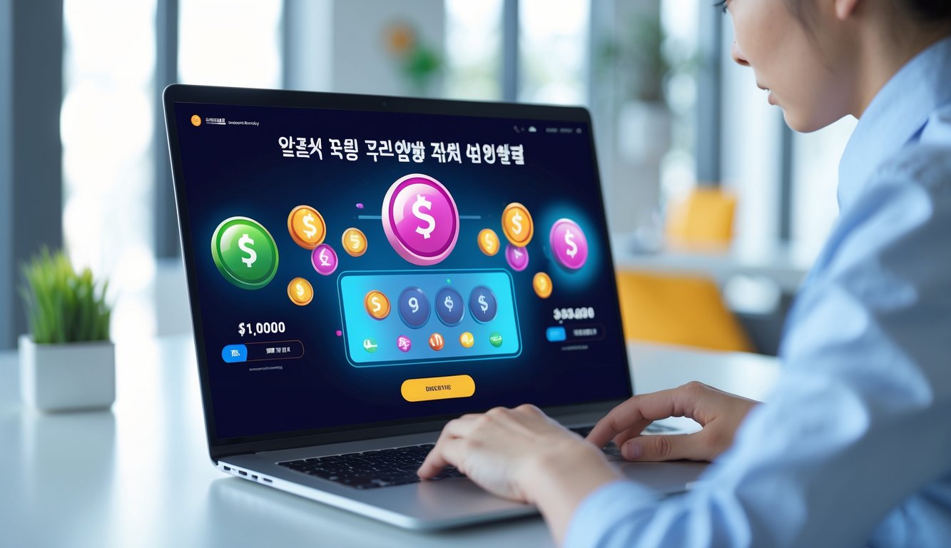Seseorang menggunakan laptop dengan tampilan situs lotre online Korea yang menampilkan angka dan ikon jackpot di layar.