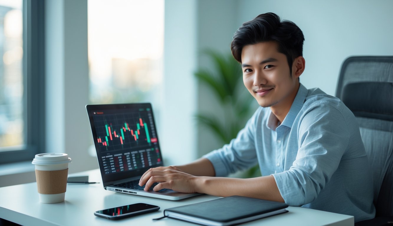 Seorang pria muda Asia duduk di meja dengan laptop, terlihat fokus dan tersenyum, di ruang kerja yang rapi dan terang.