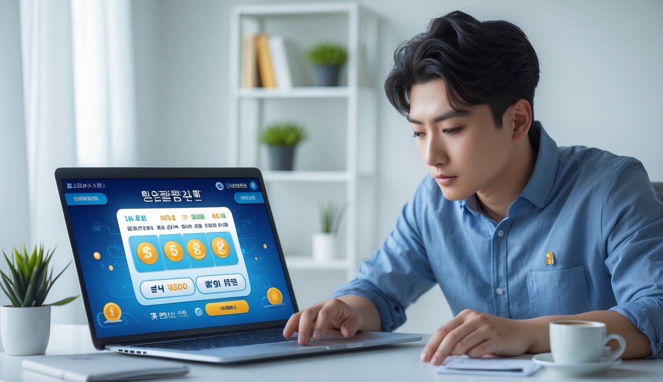Seorang pria muda duduk di meja kerja dengan laptop, fokus melihat layar yang menampilkan platform togel online Korea, di ruang kerja yang rapi dan terang.