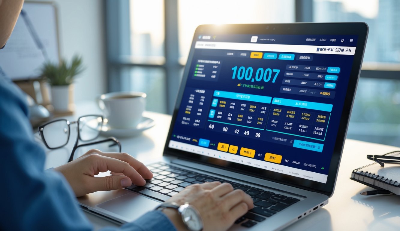 Seseorang menggunakan komputer dengan tampilan platform taruhan togel Korea yang profesional di lingkungan kantor modern.