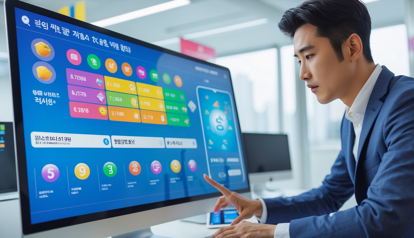 Seorang pria Asia muda menggunakan komputer dengan antarmuka situs lotere Korea yang modern di kantor yang terang dan rapi.