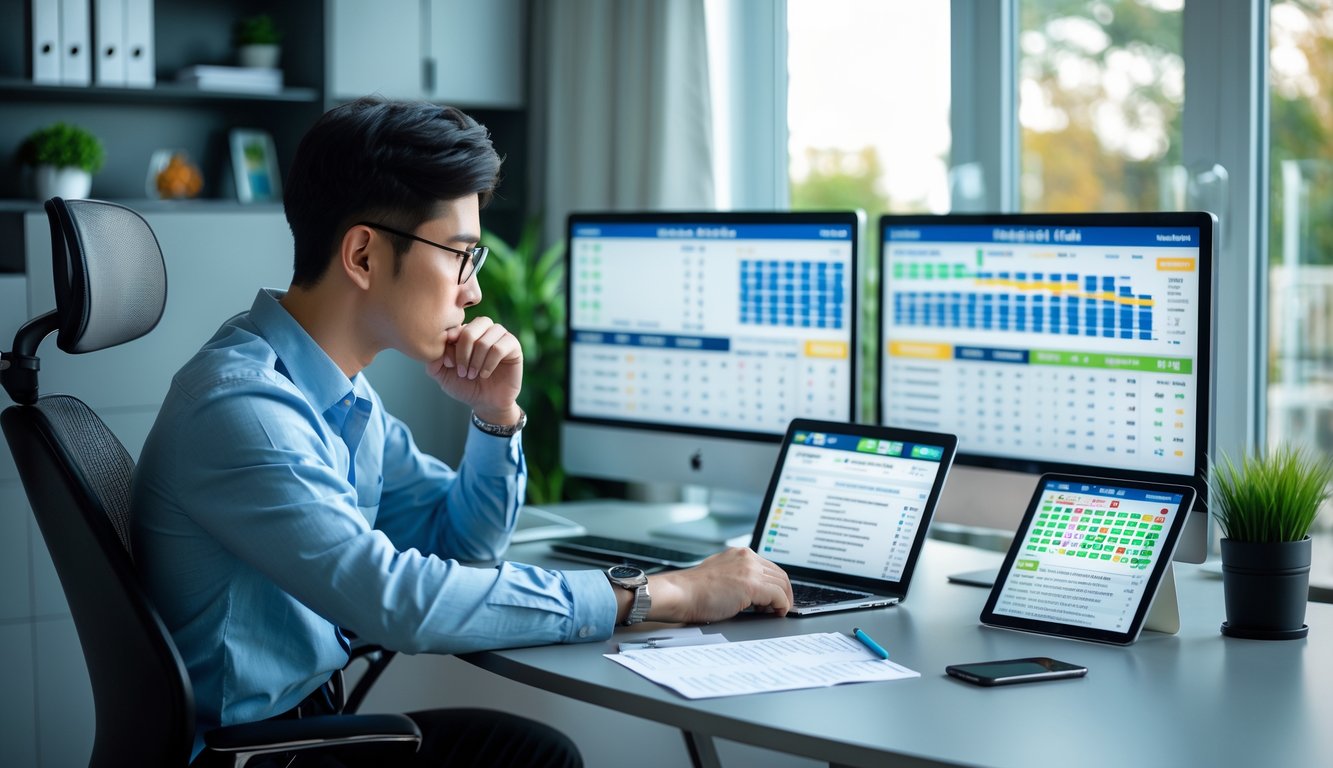 Seorang pria muda duduk di meja kerja dengan beberapa layar digital menampilkan grafik dan angka, terlihat fokus dan menganalisis strategi bermain togel online.