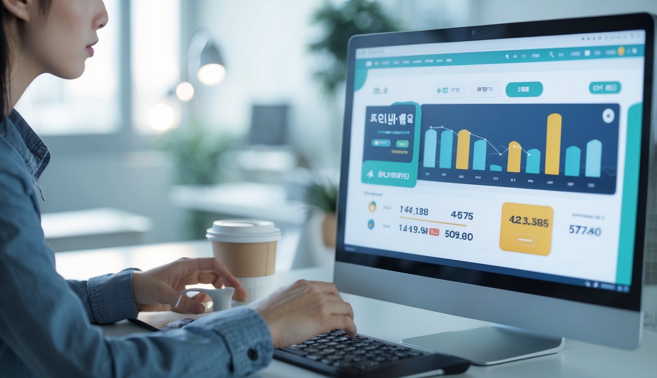 Seseorang menggunakan komputer dengan tampilan platform lotere online di lingkungan kantor yang rapi.